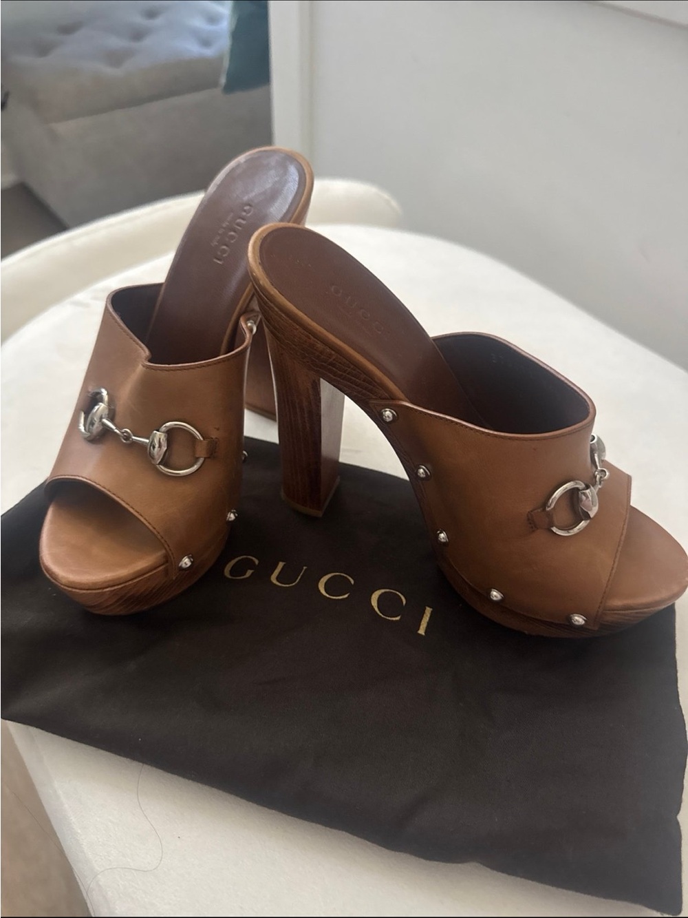 Gucci Tan Leather Horsebit Platform Mules